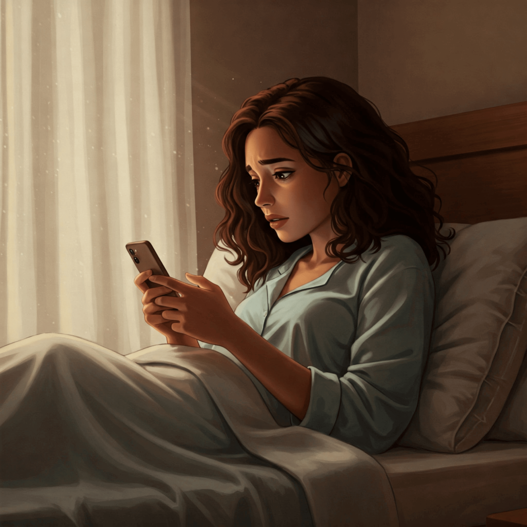 Cuando extrañar duele Mujer revisando el celular ansiosamente en la cama de noche