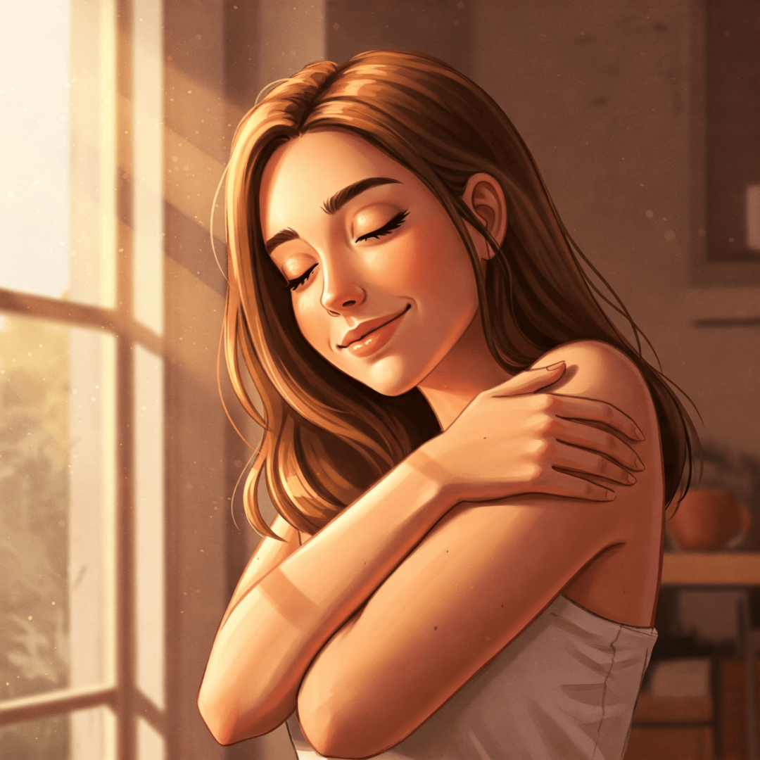 El miedo a no ser amada nunca más. Mujer con los ojos cerrados, sonriendo suavemente mientras abraza su propio cuerpo.