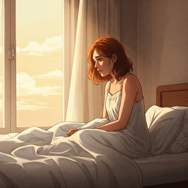 El miedo a no ser amada nunca más. Mujer joven sentada sola en la cama, con luz suave entrando por la ventana, expresión introspectiva.