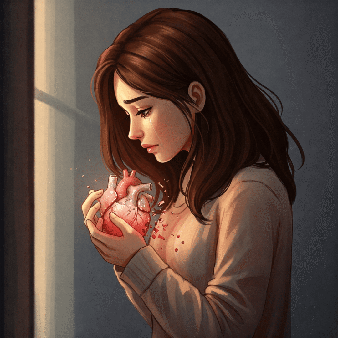 Lo di todo y me quedé vacía. Mujer abrazando un corazón translúcido que se deshace en sus manos.