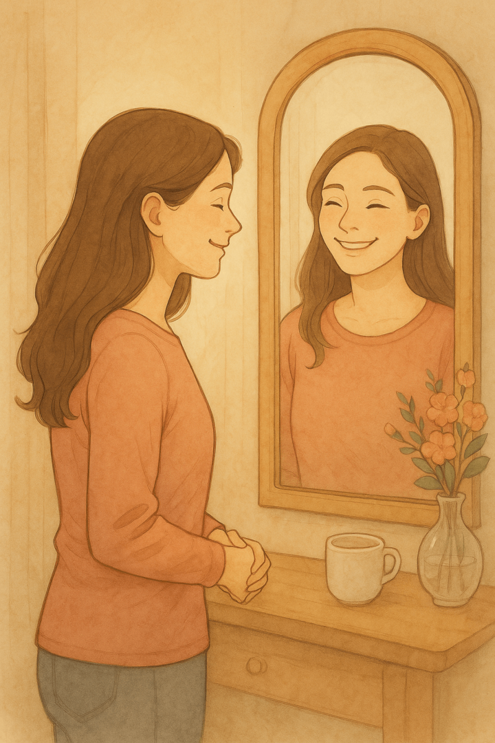 Mujer frente al espejo sonriendo, transmitiendo amor propio y confianza