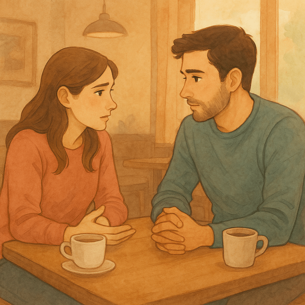 Pareja conversando en una cafeteria