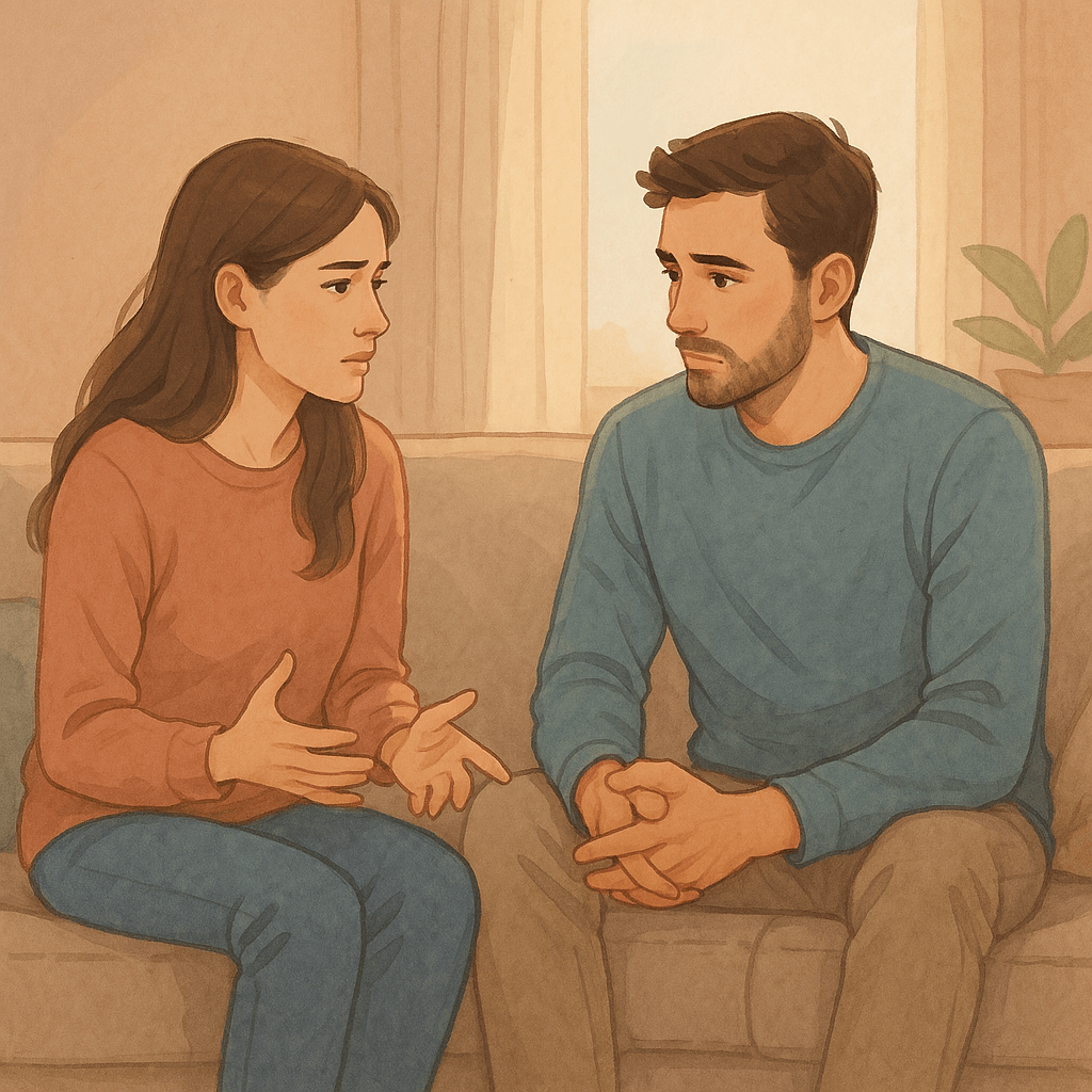 Pareja hablando en el sofá para mejorar su comunicación