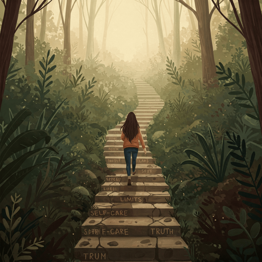 Reconstruir tu confianza después de que alguien jugó con tu mente. Escalera de piedra en medio de un bosque, una mujer subiendo paso a paso.