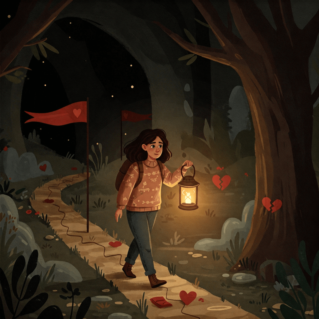 Reconstruir tu confianza después de que alguien jugó con tu mente. Mujer caminando con una linterna que ilumina señales ocultas en el camino.