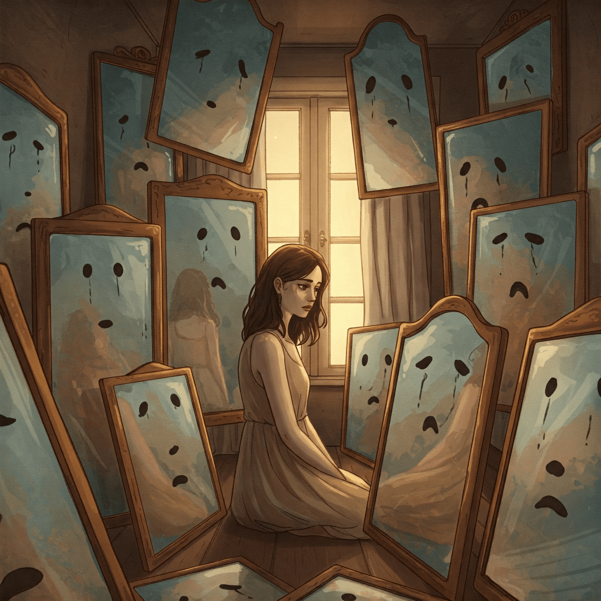 Reconstruir tu confianza después de que alguien jugó con tu mente. Mujer en una habitación llena de espejos distorsionados.