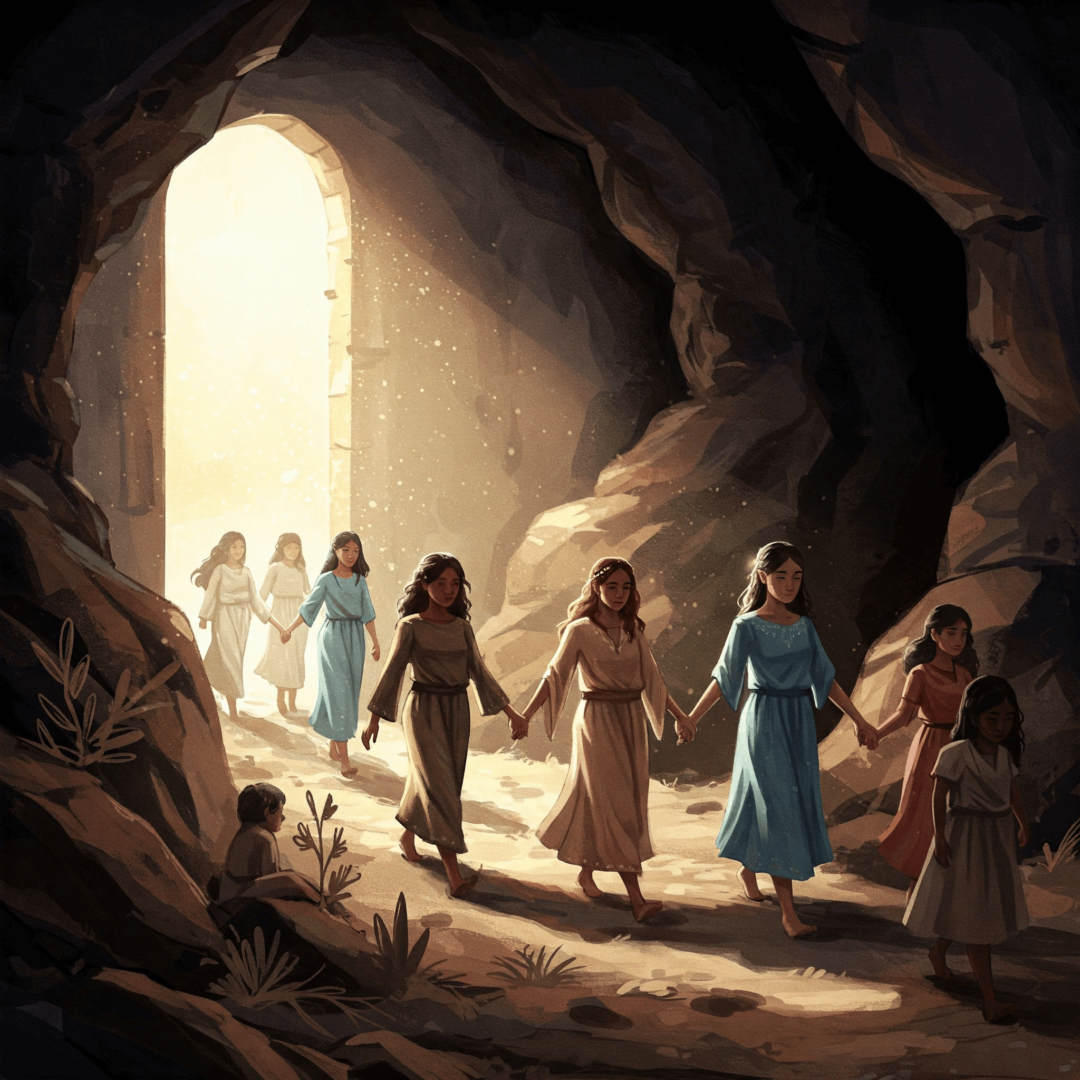 Reconstruir tu confianza después de que alguien jugó con tu mente. Mujeres diversas caminando hacia la luz desde una cueva oscura.