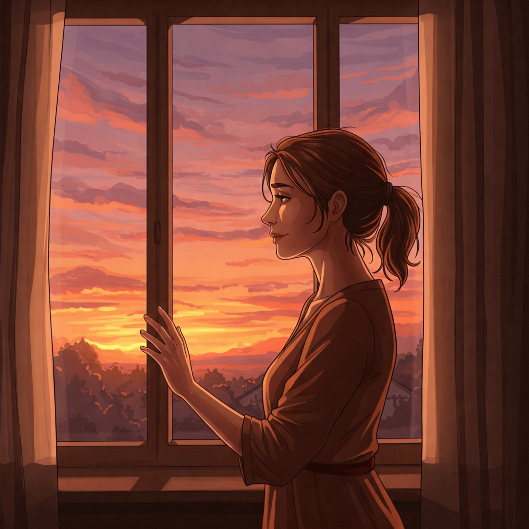 Regular tus emociones cuando extrañas a alguien. Mujer mirando hacia el horizonte al atardecer, con postura de confianza y serenidad.