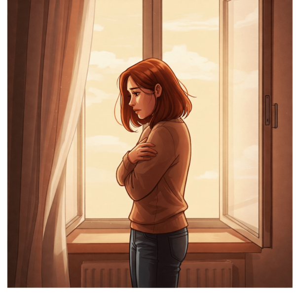 Regular tus emociones cuando extranas a alguien . Mujer sola frente a una ventana, abrazandose a si misma con expresion de tristeza reflexiva