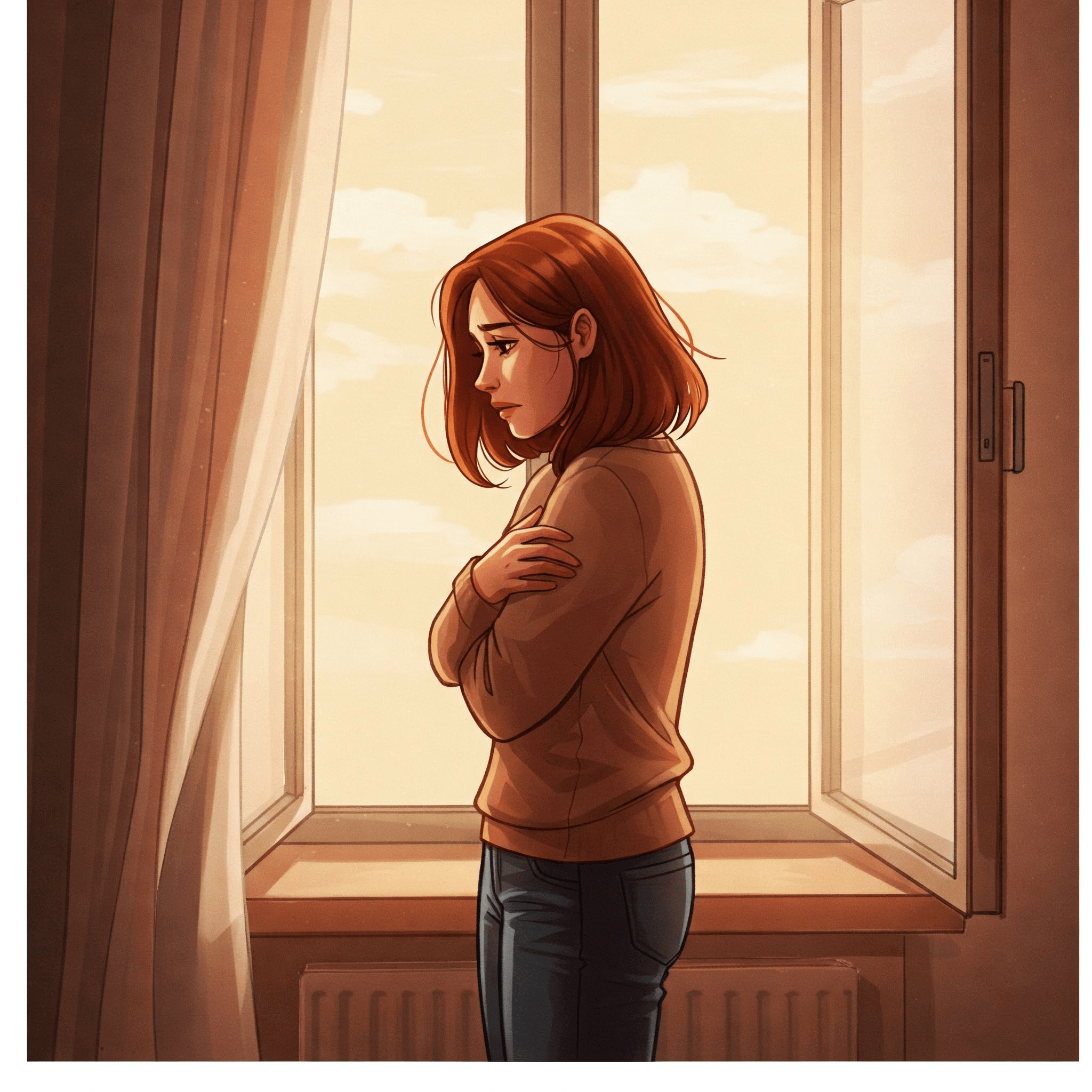 Regular tus emociones cuando extranas a alguien . Mujer sola frente a una ventana, abrazandose a si misma con expresion de tristeza reflexiva