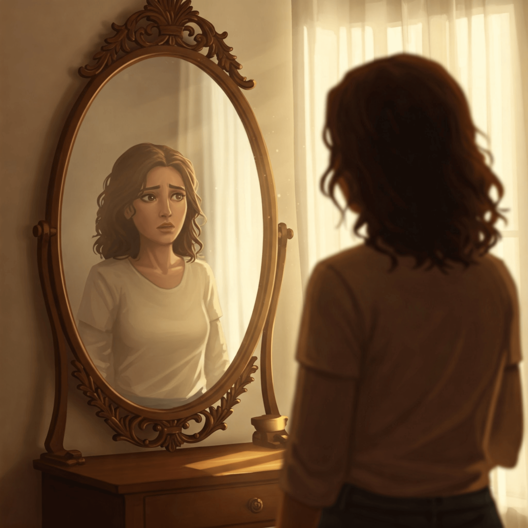 La silueta borrosa de una mujer frente al espejo evoca la sensación de desconexión y pérdida de identidad que a menudo se experimenta en una relación dañina. Esta imagen ilustra un momento crucial en el camino de cómo sanar una relación tóxica sin perderte a ti misma, donde el autoconocimiento se desdibuja.