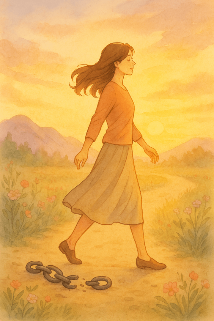 Mujer rompiendo cadenas emocionales al amanecer, simbolizando que sanar es mejor que volver con tu ex.