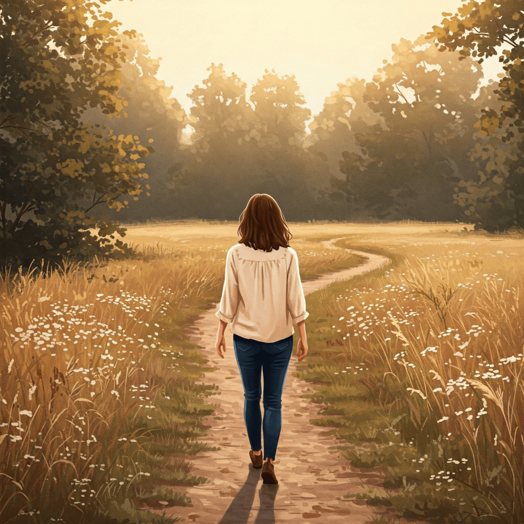 Cómo construir relaciones sanas sin repetir patrones del pasado. Mujer caminando sola por un sendero natural, con expresión de paz.