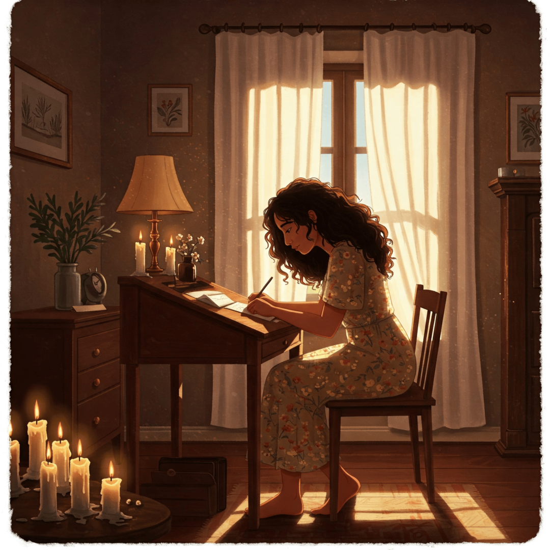 Cómo construir relaciones sanas sin repetir patrones del pasado. Mujer escribiendo una carta en un espacio íntimo con velas en su habitación..