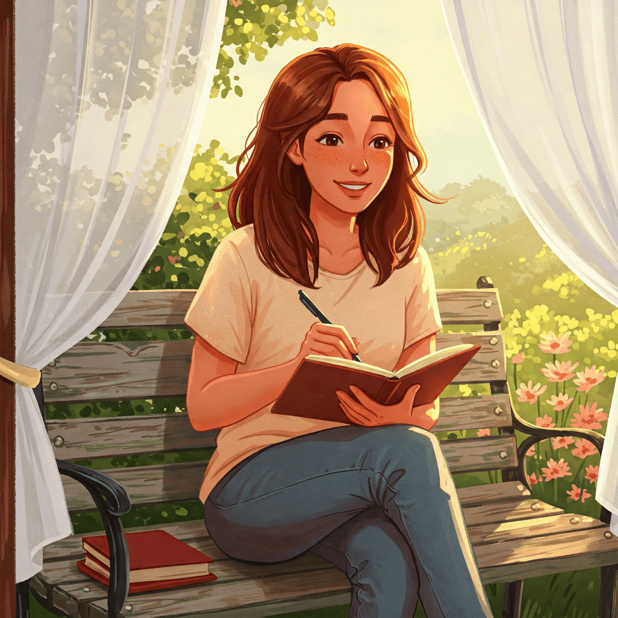 Cómo construir relaciones sanas sin repetir patrones del pasado. Mujer sonriente sentada al aire libre, con un diario, en actitud reflexiva.