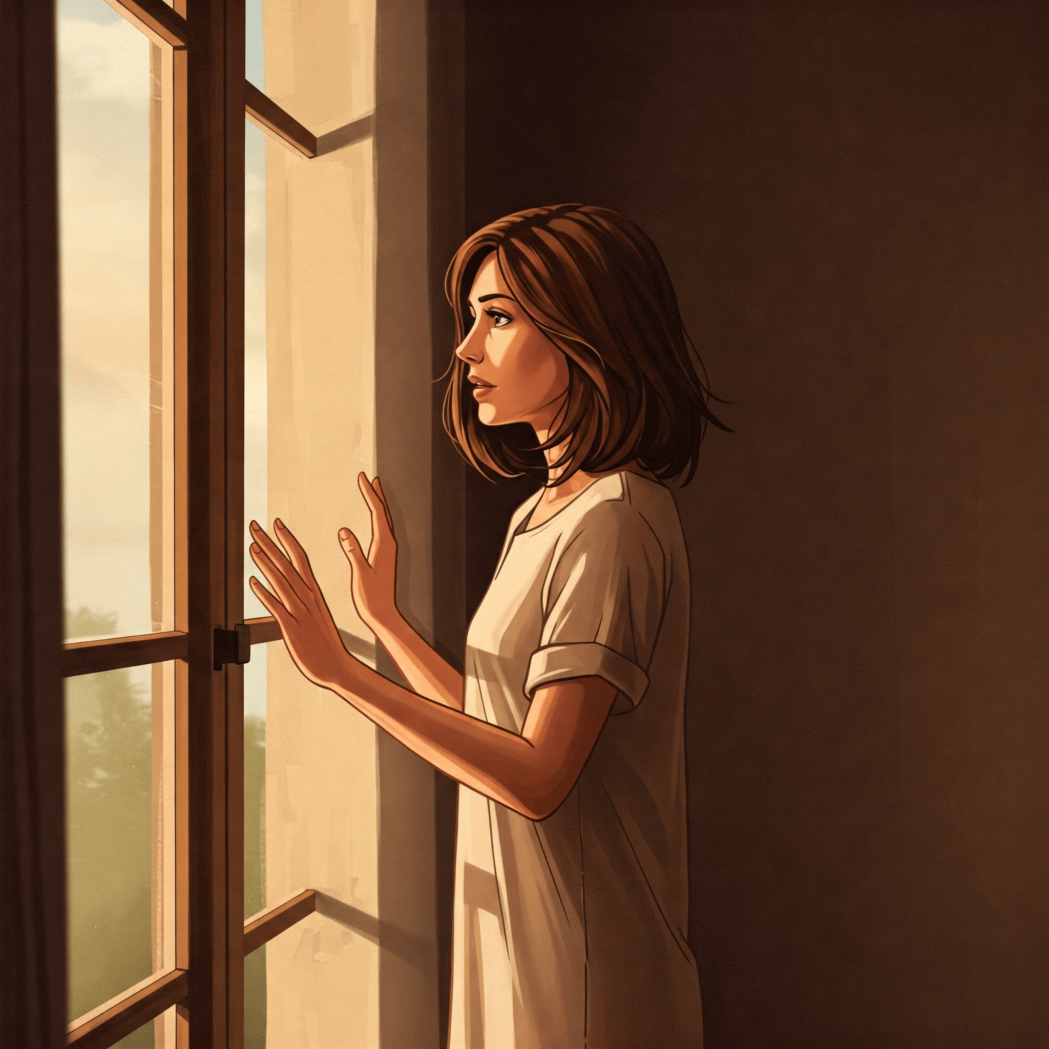 Cómo hablar cuando te sientes herida o confundida. Mujer mirando por la ventana con expresión reflexiva, ambiente suave e íntimo.
