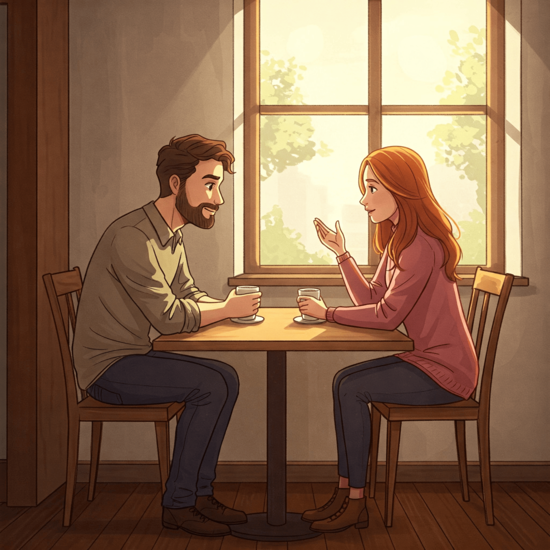 Cómo hablar cuando te sientes herida o confundida. Un hombre y una mujer sentados conversando en un café, en tono tranquilo y empático.