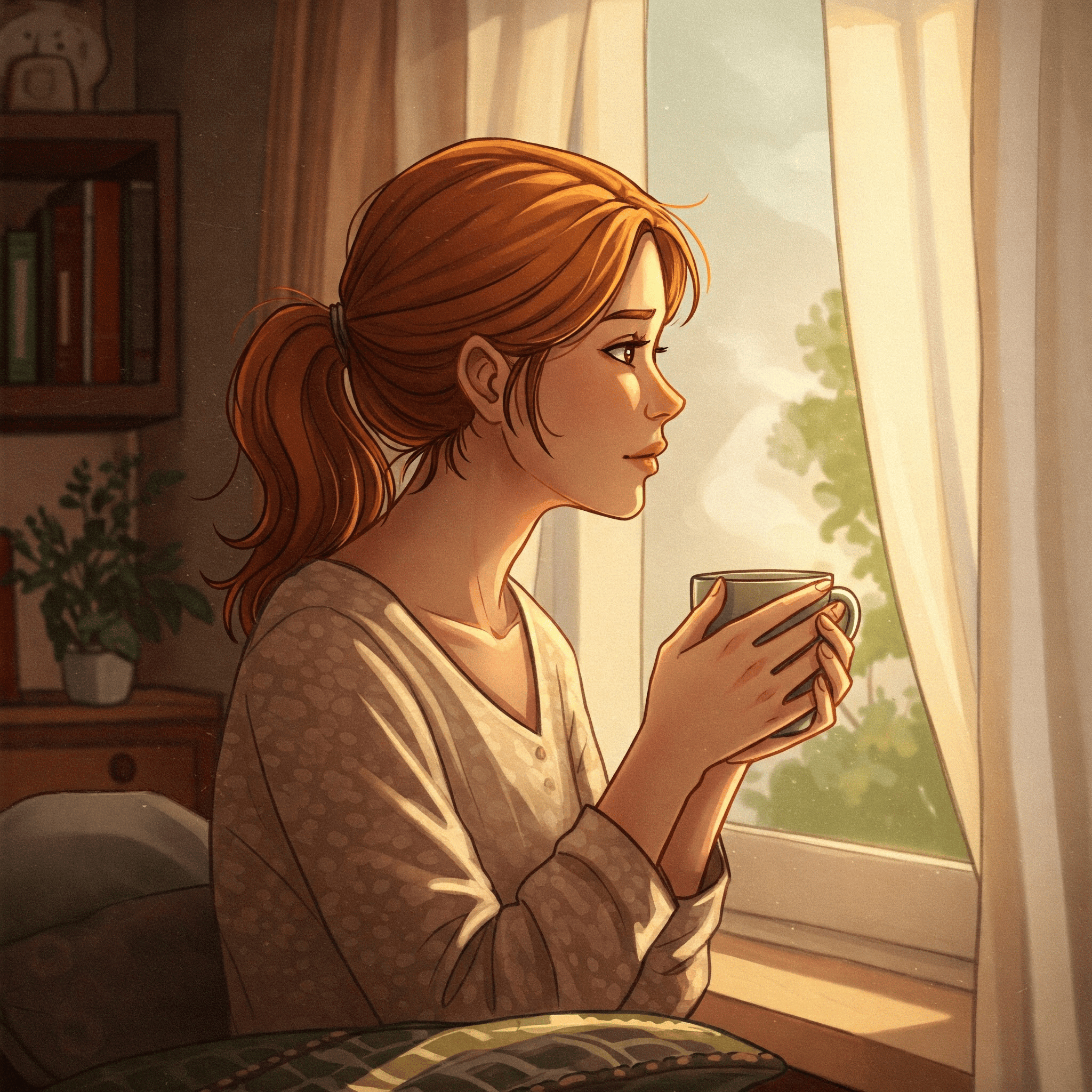 Cómo superar una ruptura amorosa. Mujer sola con expresión reflexiva, mirando por una ventana o sosteniendo una taza.