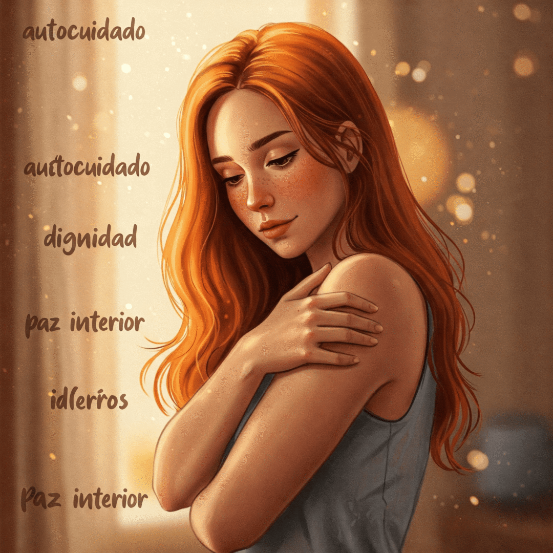 El poder de tus no negociables. Mujer abrazándose a sí misma frente a un fondo luminoso.