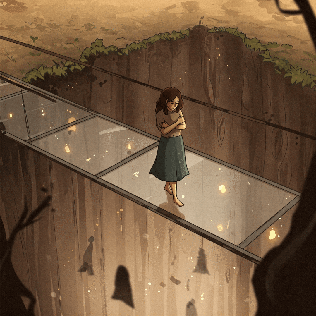 Límites que debes poner contigo misma. Mujer abrazándose a sí misma mientras camina por un puente de cristal.