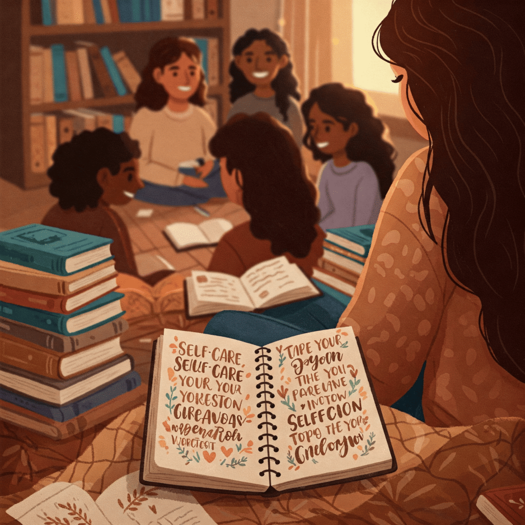 Límites que debes poner contigo misma. Mujer rodeada de libros, una libreta abierta con frases de autocuidado.