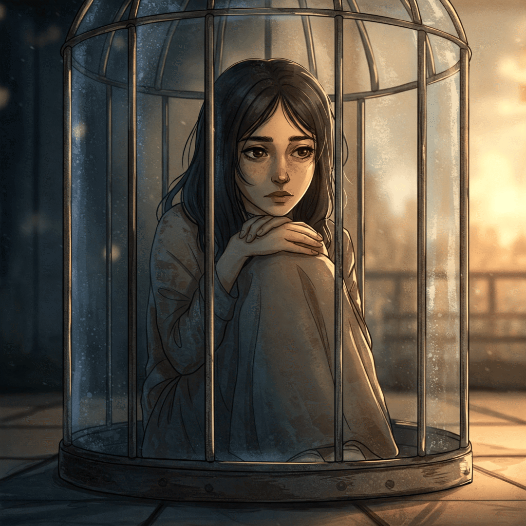 Salir del chantaje emocional y recuperar tu libertad. Mujer dentro de una jaula de cristal, visible pero sin puerta.