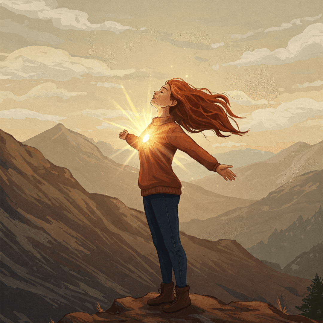 Salir del chantaje emocional y recuperar tu libertad. Mujer en una cima con los brazos abiertos al viento, con una energía poderosa saliendo de su pecho.