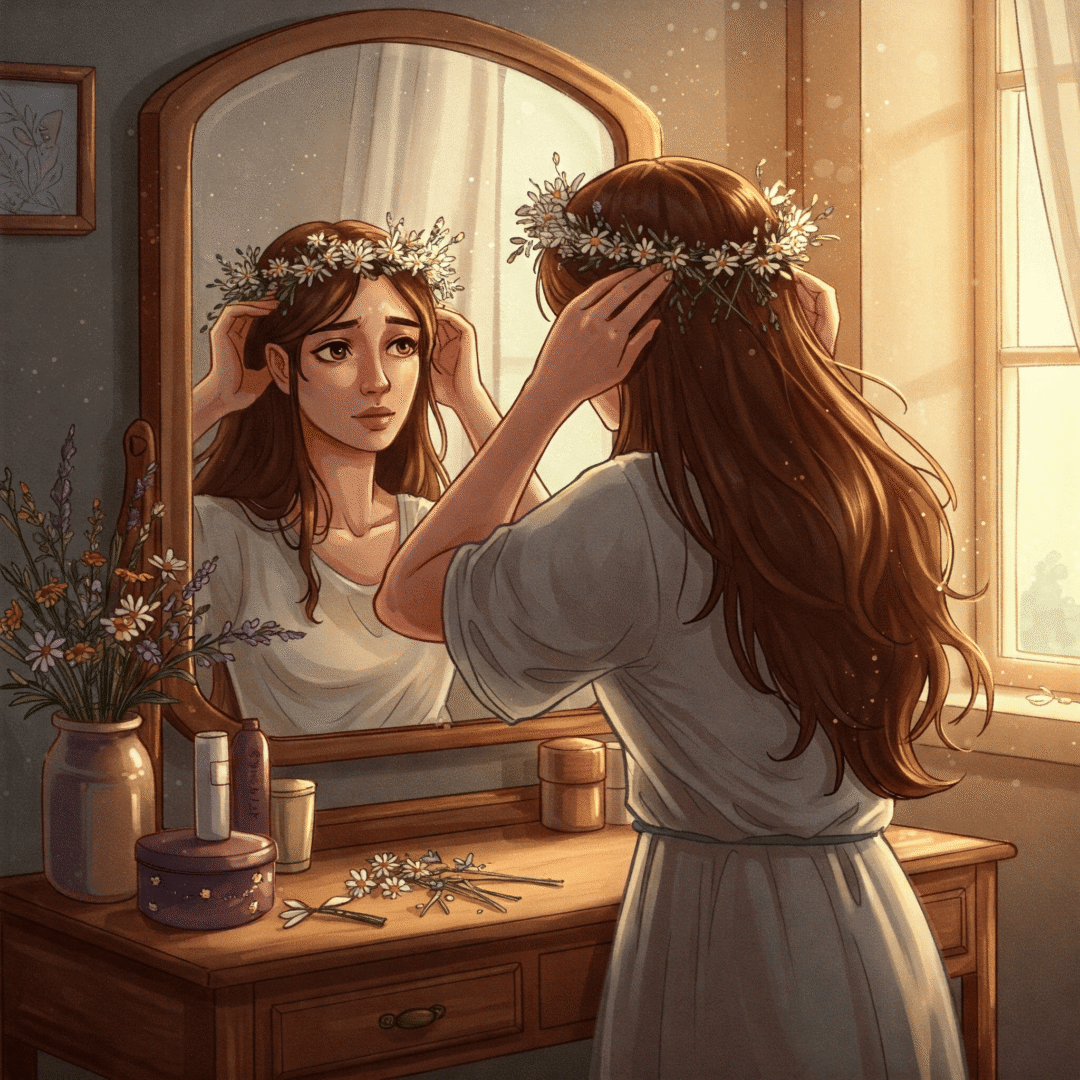 Salir del chantaje emocional y recuperar tu libertad. Mujer en una postura de poder frente a un espejo, colocando una corona de flores sobre su cabeza.