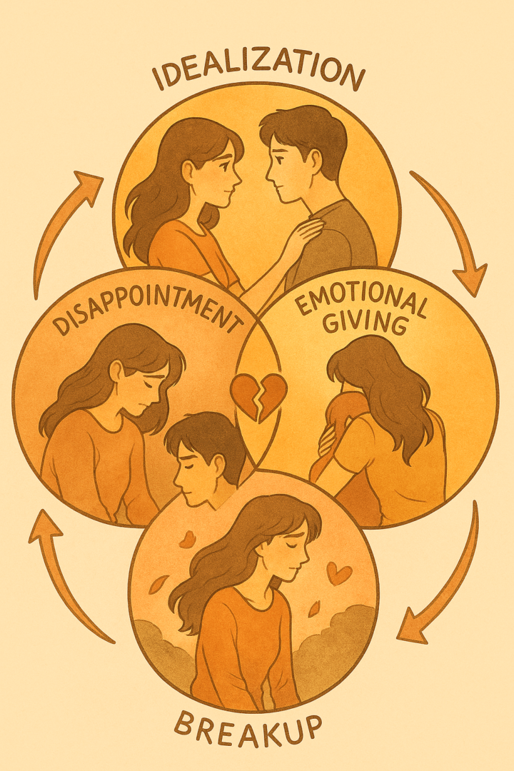 Ciclo en relaciones tóxicas que responde a ¿por qué siempre elijo a quien me hace daño? Escena conceptual de idealización, entrega emocional, decepción y ruptura.