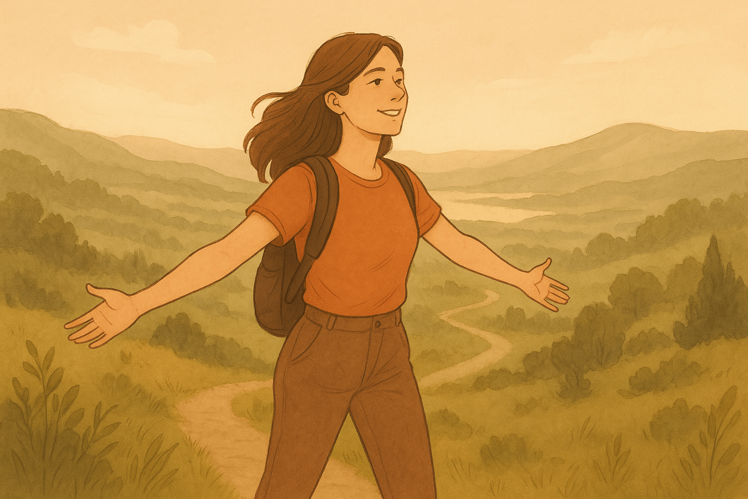 Mujer caminando sola por la naturaleza, con los brazos abiertos y una sonrisa serena, expresando libertad y redescubrirte después de una relación tóxica.