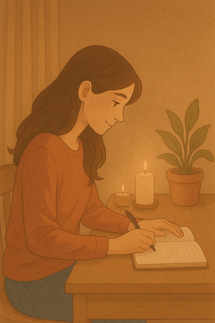 Mujer escribiendo en su diario en un ambiente cálido con velas y plantas, como parte de su proceso de redescubrirte después de una relación tóxica.