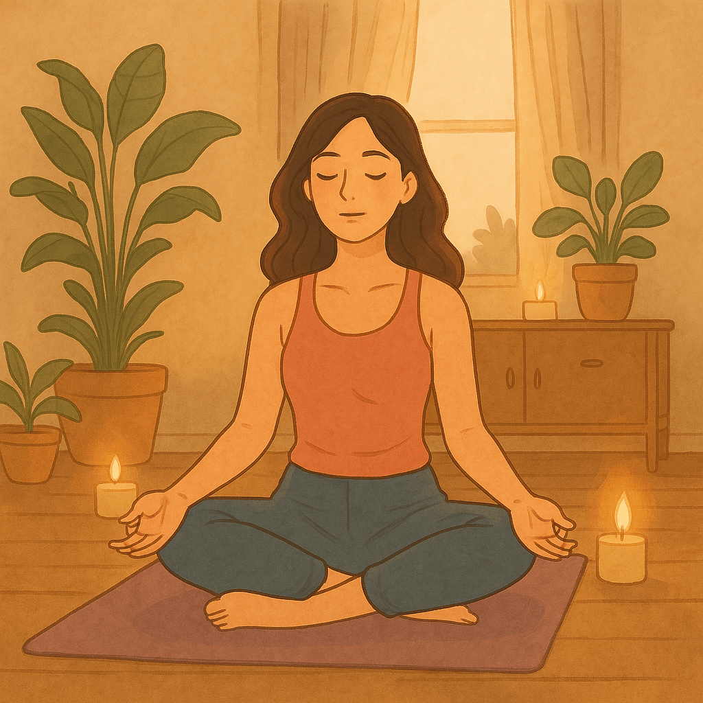 ¿Por qué siempre elijo a quien me hace daño? Mujer meditando en un ambiente cálido y rodeada de plantas, buscando sanar sus elecciones emocionales.
