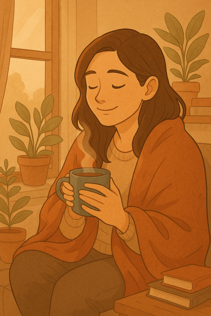 Mujer abrazando una taza de té, envuelta en una manta cerca de la ventana, encontrando paz interior tras preguntarse ¿por qué siempre elijo a quien me hace daño?